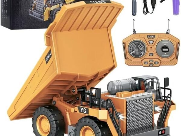 Click to see full view Remote Control Dump Truck Toy for Kids, RC Construction Toys Vehicle with Metal Bed and Light/Music, Ideas for Boys Age 6 7 8 9 10-15 Year Old and up | Funshine | Jet Roy
