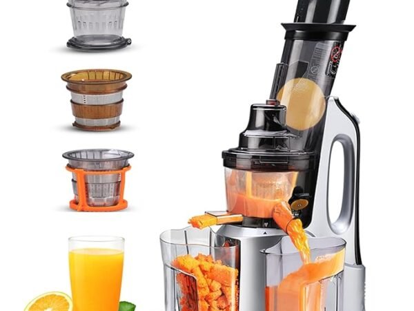 AGARO Imperial Slow Juicer, Professional Cold Press Whole Slow Juicer, 240 Watts Power Motor, 3 Strainers, All-in-1 Fruit & Vegetable Juicer, Grey/Black | ASJAR