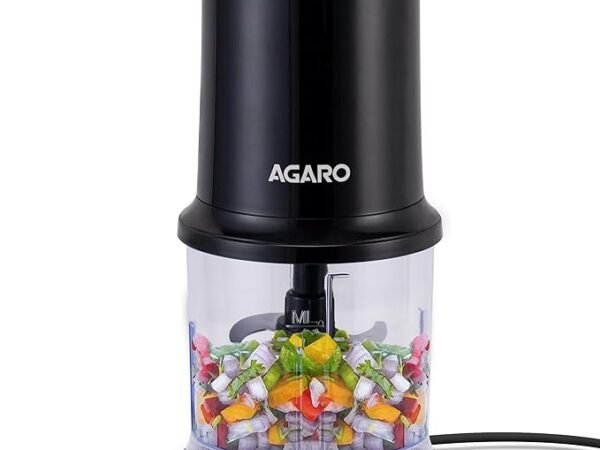 AGARO Electric Chopper, 400 Watts, Vegetable Chopper, Cutter, 100% Pure Copper Motor, Chop, Mince, Dice, Twin Stainless Steel Blade, 500 Ml, One Touch Operation, Elegant, Black | AGARO