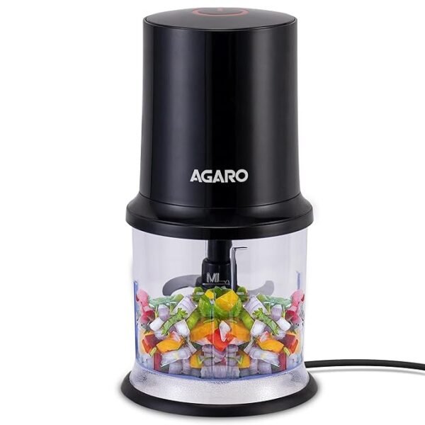 AGARO Electric Chopper, 400 Watts, Vegetable Chopper, Cutter, 100% Pure Copper Motor, Chop, Mince, Dice, Twin Stainless Steel Blade, 500 Ml, One Touch Operation, Elegant, Black | AGARO