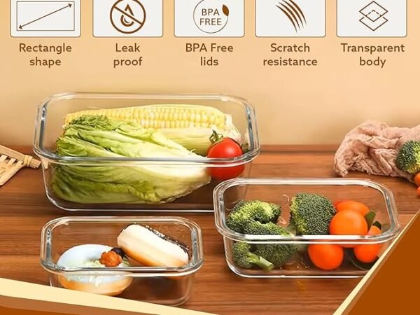 AGARO Borosilicate Glass Containers with Lids, 3 pcs Set, 370ml, 640ml &1040ml, Kitchen, Microwave, Oven & Freezer Safe, Baking Dish, Rectangle, Baking Tray, Scratch Resistant, Transparent | ASJAR