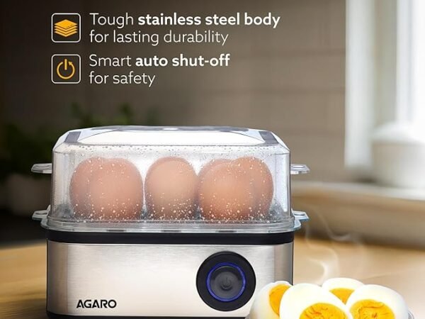 AGARO Grand Egg Boiler And Poacher, 2-in1 Boils 8 Eggs, Poach 4 Eggs, Steamed Vegetables, 3 Boiling Types, Stainless Steel Body, Transparent Lid, 500W, Silver | AGARO