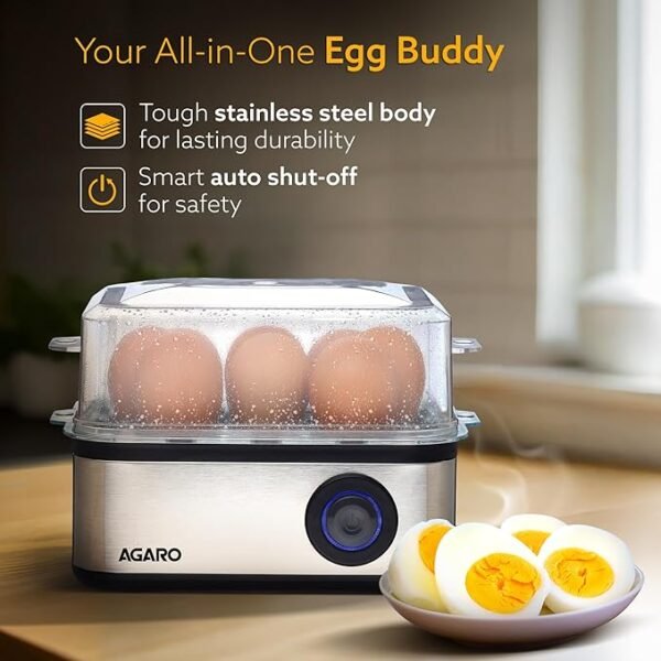 AGARO Grand Egg Boiler And Poacher, 2-in1 Boils 8 Eggs, Poach 4 Eggs, Steamed Vegetables, 3 Boiling Types, Stainless Steel Body, Transparent Lid, 500W, Silver | AGARO