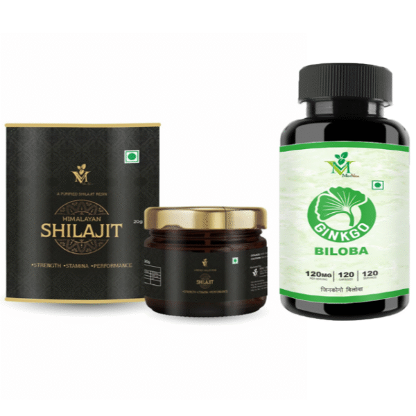 Pure Himalayan Shilajit Resin 20gm with Mint Veda Ginkgo Biloba Veg. 120 Capsules | Mint Veda