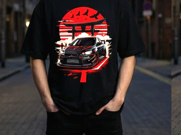 WÖLFIN Red Ronin GT – Black Oversized JDM Car Graphic T-Shirt with Japanese Red Sun Art | Premium Streetwear Unisex Tee