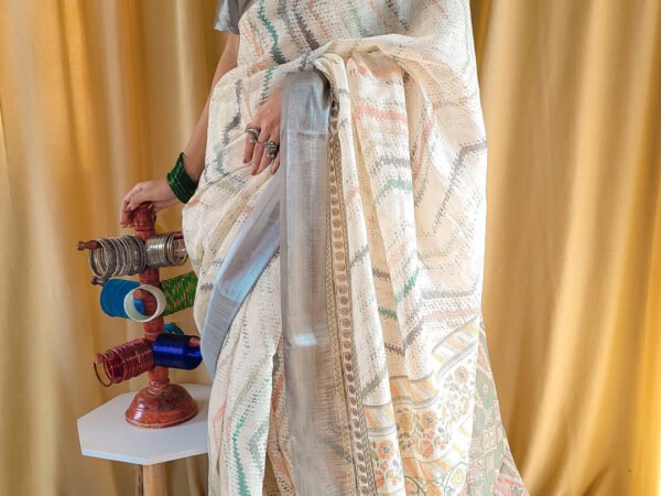 Elegant Beige Pure Linen Saree with Multicolor Zigzag Design and Tassel Finish | Crown Fashion