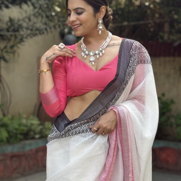 Elegant White and Pink Pure Linen Digital Printed Saree with Black Border, Tassels, and Blouse Piece – Intricate Floral and Geometric Design | Crown Fashion