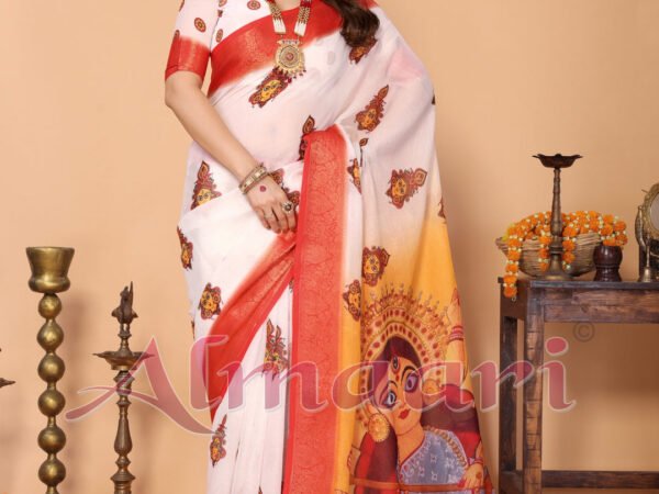 Off-White & Golden Yellow Handloom Linen Saree with Devi Durga Print & Zari Border | Festive Pallu & Tassel Finish | Crown Fashion