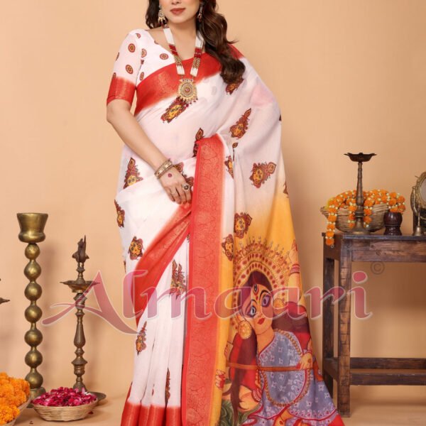 Off-White & Golden Yellow Handloom Linen Saree with Devi Durga Print & Zari Border | Festive Pallu & Tassel Finish | Crown Fashion