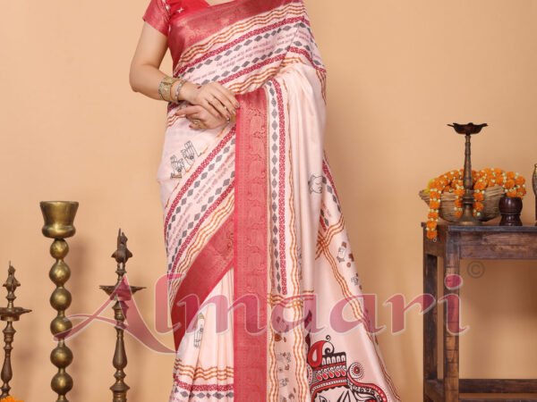 Off-White & Red Tussar Silk Durga Puja Saree with Divine Maa Durga Pallu & Zari Border | Printed Festive Drape with Tassels | Crown Fashion