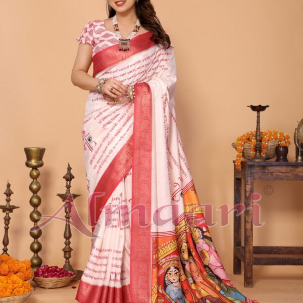 Off-White & Red Tussar Silk Saree with Kalighat-Style Devi Back Design & Sanskrit Mantra Pallu | Zari Border | Festive Tassels | Crown Fashion