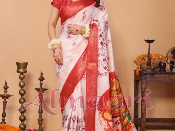 Off-White & Scarlet Red Pure Tussar Silk Saree with Kalighat Devi Artwork, Zari Border & Traditional Tassel Pallu | Crown Fashion