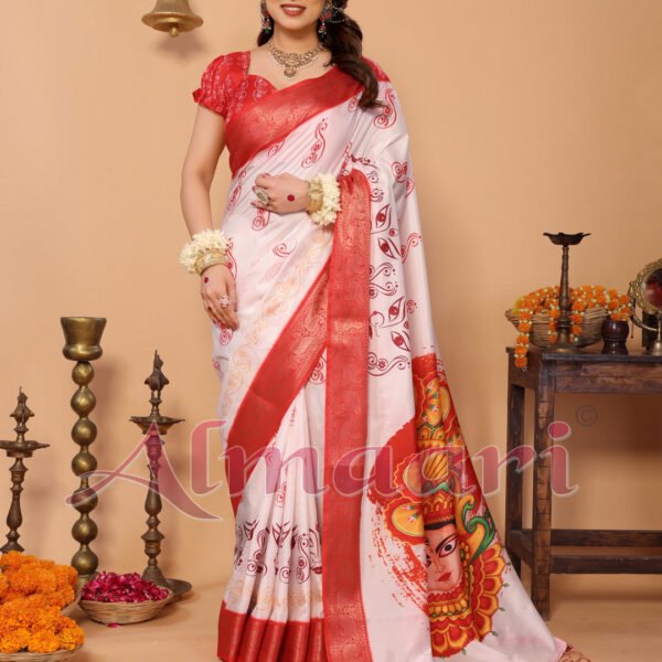 Off-White & Scarlet Red Pure Tussar Silk Saree with Kalighat Devi Artwork, Zari Border & Traditional Tassel Pallu | Crown Fashion