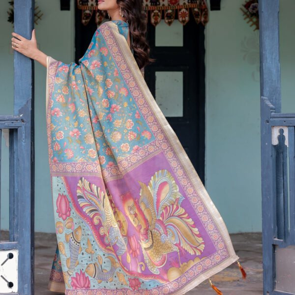 Aqua Blue Handloom Cotton Saree with Multicolor Floral Print & Royal Simha-Pakshi Pallu | Crown Fashion