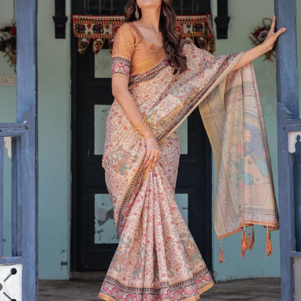 Beige & Maroon Handloom Cotton Saree with Floral Vine Print & Mythical Madhubani Cow Pallu | crown fashion