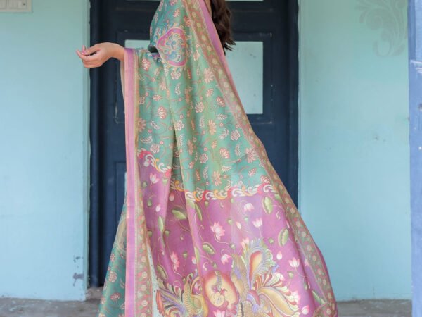 Aqua Green & Lilac Handloom Cotton Saree with Floral Vine Print & Majestic Bird Pallu | Crown Fashion