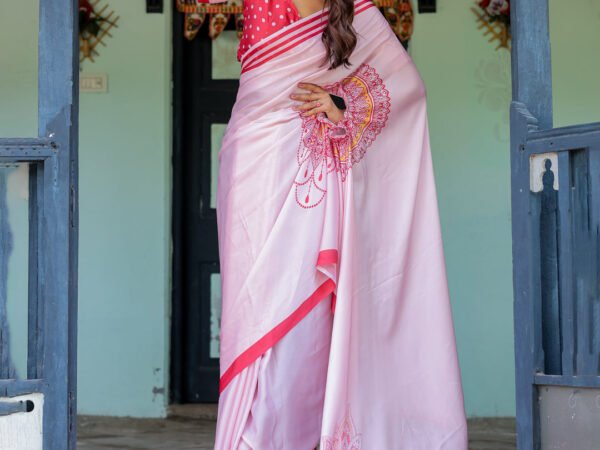 Baby Pink Designer Saree with Mandala Pallu & Polka Dot Blouse | Satin Georgette | Handsfree Pallu Feature | Crown Fashion