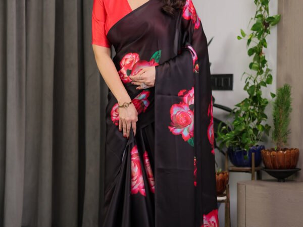 Black Satin Georgette Rose Printed Saree with Attached Blouse – Elegant Partywear Designer Saree with Red Floral Artwork | Crown Fashion