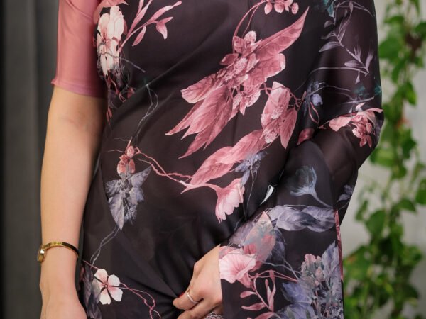 Black Satin Georgette Floral Printed Saree with Attached Blouse – Elegant Soft-Flow Designer Saree in Mauve Pink Florals | Crown Fashion