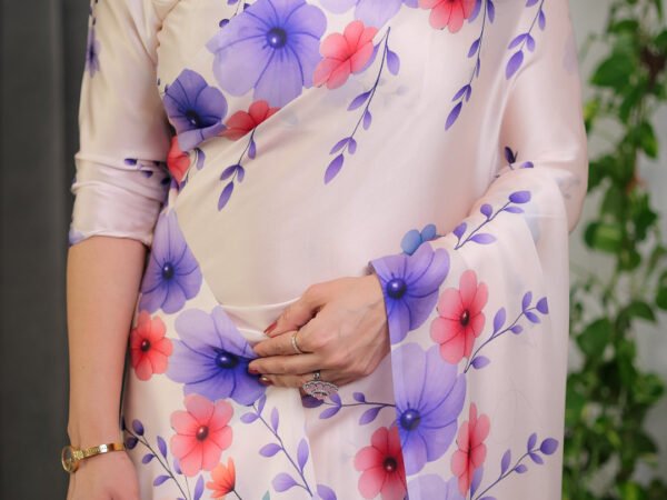 Cream Satin Georgette Multicolor Floral Printed Saree with Attached Blouse – Soft Pastel Designer Saree for Festive & Elegant Wear | Crown Fashion