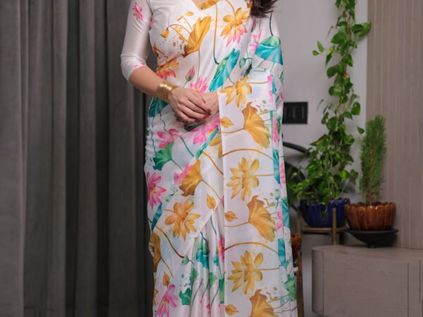 White Satin Georgette Lotus Floral Printed Saree with Attached Blouse – Elegant Watercolor Designer Saree for Festive & Graceful Occasions | Crown Fashion