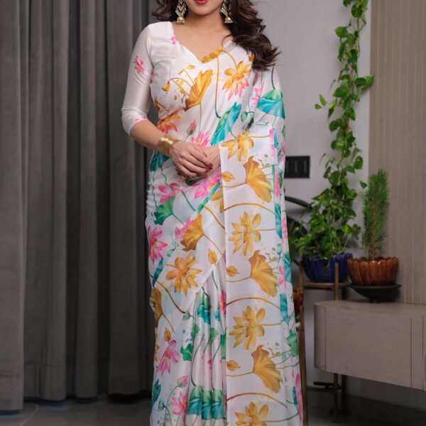 White Satin Georgette Lotus Floral Printed Saree with Attached Blouse – Elegant Watercolor Designer Saree for Festive & Graceful Occasions | Crown Fashion