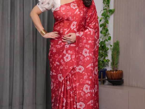 Red Satin Georgette Floral Printed Saree with Attached Blouse – Elegant Soft-Flow Designer Saree for Parties & Festive Wear | Crown Fashion