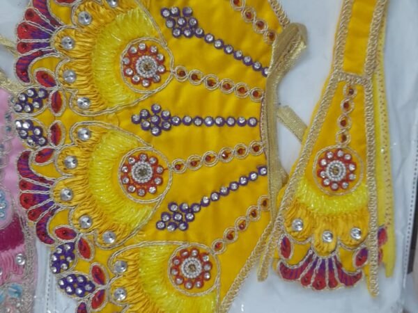 Handcrafted Vibrant Yellow Laddu Gopal Poshak – Designer Deity Dress with Peacock Fan Motif & Stone Work | Madhav Poshak