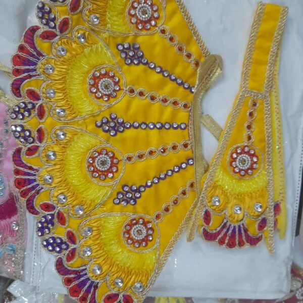 Handcrafted Vibrant Yellow Laddu Gopal Poshak – Designer Deity Dress with Peacock Fan Motif & Stone Work | Madhav Poshak