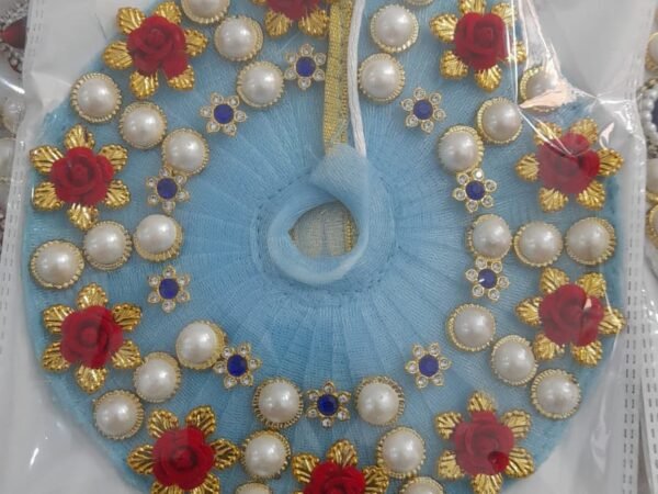 Sky Blue Laddu Gopal Dress – Net Poshak with Pearl Embellishments and Red Rose Accents | Madhav poshak