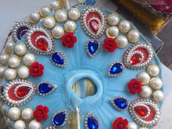 Handcrafted Sky Blue Laddu Gopal Poshak – Pearl Embedded Deity Dress with Ruby Red & Sapphire Blue Stonework | Madhav poshak