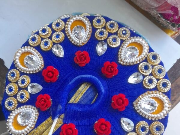 Designer Sapphire Blue Laddu Gopal Poshak – Heavy Stonework Deity Dress with Topaz Yellow and Pearl Borders | Madhav poshak