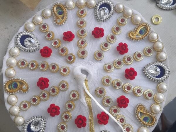 Divine White Laddu Gopal Poshak – Peacock Motif Deity Dress with Red Zari Flowers and Pearl Borders | Madhav Poshak