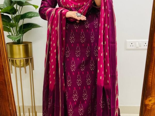 Mirror-Embellished Ikat Kurta Set in Rich Berry Tones | Komal Collection