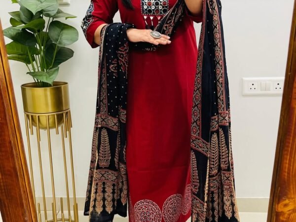 Bold Red 3-Piece Set with Traditional Black Printed Dupatta | Komal Collection