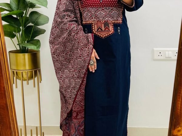 Navy Blue & Maroon Hand-Block Ajrakh Print Cotton Suit Set with Mirror-Work Yoke | Komal Collection