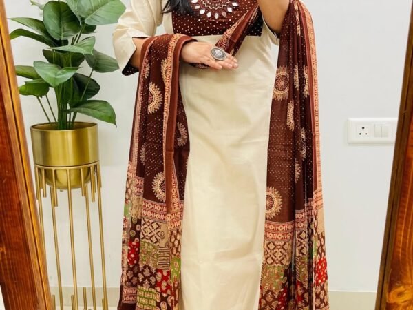 Women's Cream Kurta Set with Mirror-Work Yoke & Printed Dupatta | Komal Collection