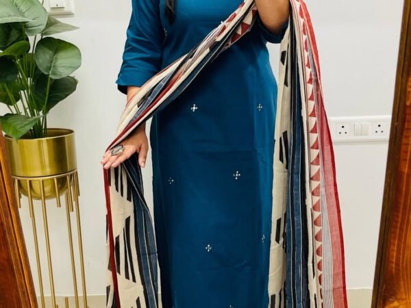 Women's Deep Teal Blue Embroidered Kurta Set with Tri-Color Geometric Printed Dupatta | Komal Collection