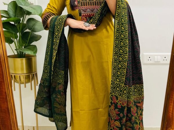 Women's Mustard Gold Straight Kurta Set with Traditional Kalamkari-Style Yoke and Printed Dupatta | Komal Collection