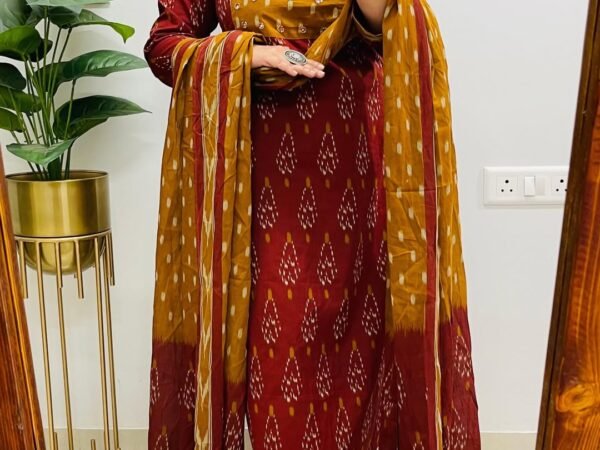 Women's Maroon & Mustard Ikat-Style Kurta Set with Contrast Yoke and Printed Dupatta | Komal Collection