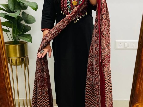 Women's Jet Black Kurta with Detailed Maroon & Cream Traditional Yoke | Komal Collection