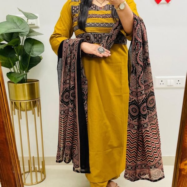 Women's Mustard Mustard Yellow Cotton Kurta Set with Ajrakh Print Dupatta & Intricate Yoke Detail | Komal Collection