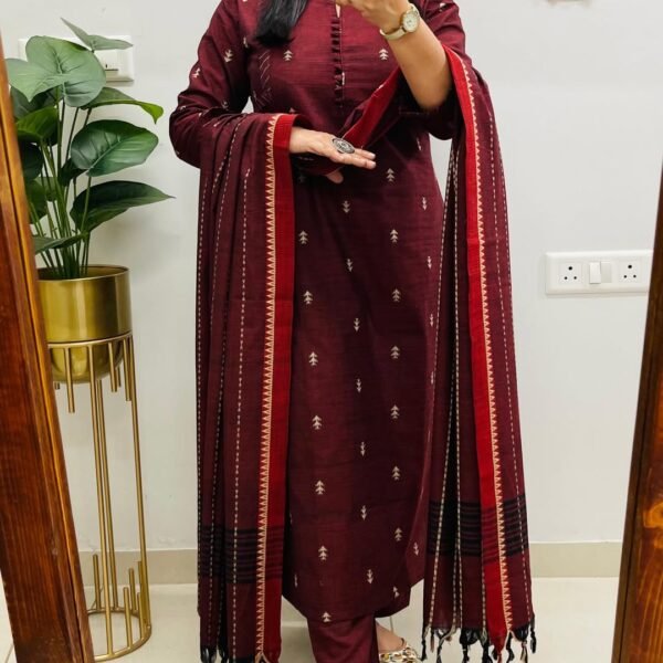 Women's Wine Maroon Slub Cotton Kurta Set with Hand-Block Print and Tasseled Border Dupatta | Komal Collection