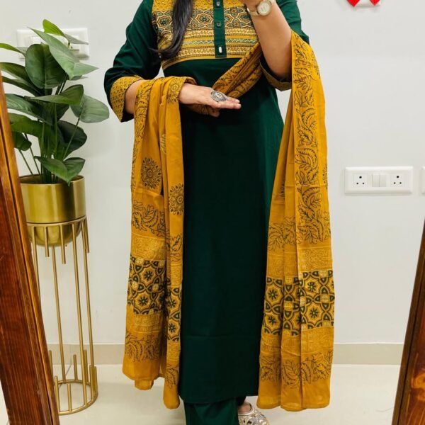 Women's Emerald Green Cotton Kurta Set with Intricate Ajrakh Yoke and Mustard Floral Dupatta | Komal Collection