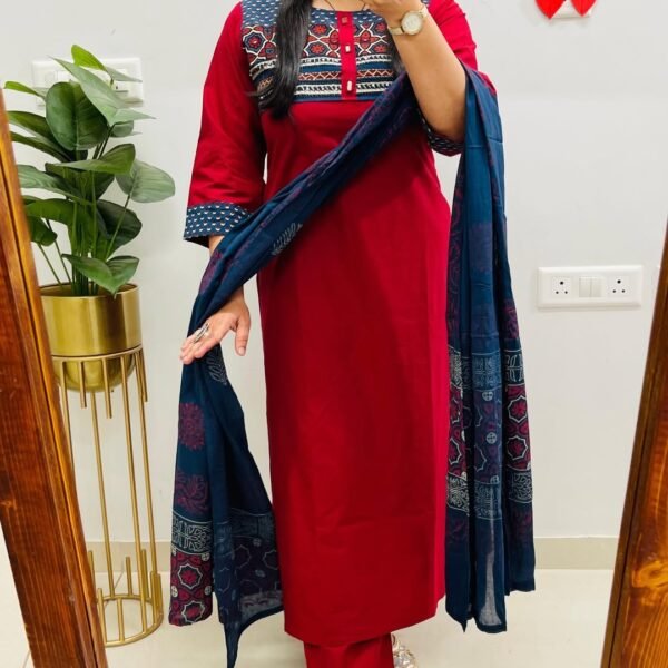 Women's Ruby Red Cotton Kurta Set with Blue Ajrakh Yoke and Navy Printed Dupatta | Komal Collection