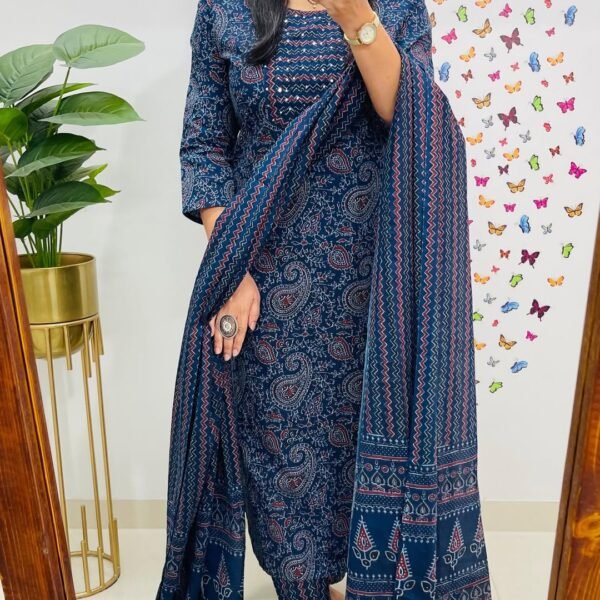 Women’s 3-Piece Wine Kurta Pant Set with Printed Cotton Dupatta | Komal Collection