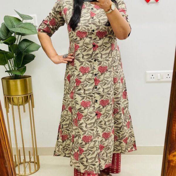 Women's Sophisticated Sage & Rose Floral A-Line Kurta Set with Wide-Leg Palazzos smart-casual office wear | Komal Collection