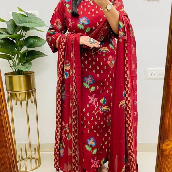 Women's Vibrant Maroon Floral Silk-Blend Suit Set with Gold Buti Work | Komal Collection