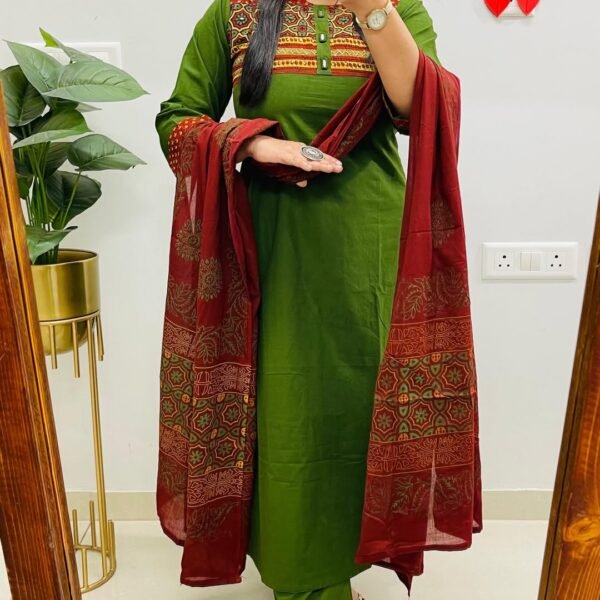 Women’s Forest Green Cotton Kurta Set with Embroidered Yoke and Printed Maroon Dupatta | Komal Collection
