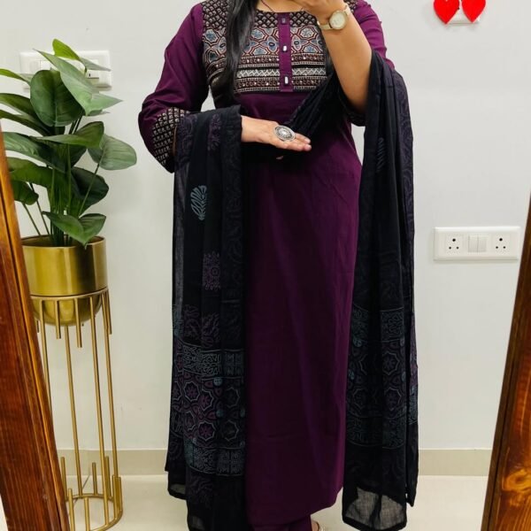 Women's Royal Purple Cotton Kurta Set with Embroidered Yoke and Printed Black Dupatta | Komal Collection
